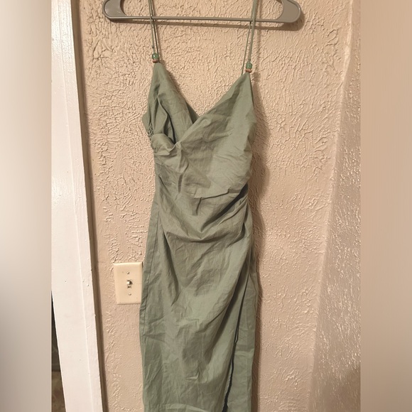 Zara Ruched Linen Blend Midi Dress Sea Green Size XS - Picture 5 of 11